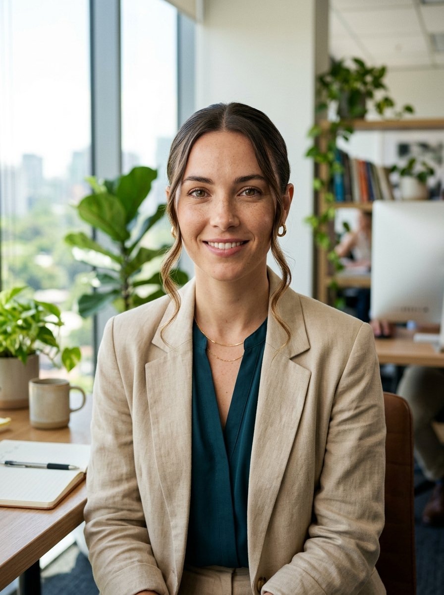 A friendly professional woman in a tan jacket sitting at her office desk near a window with indoor plants.