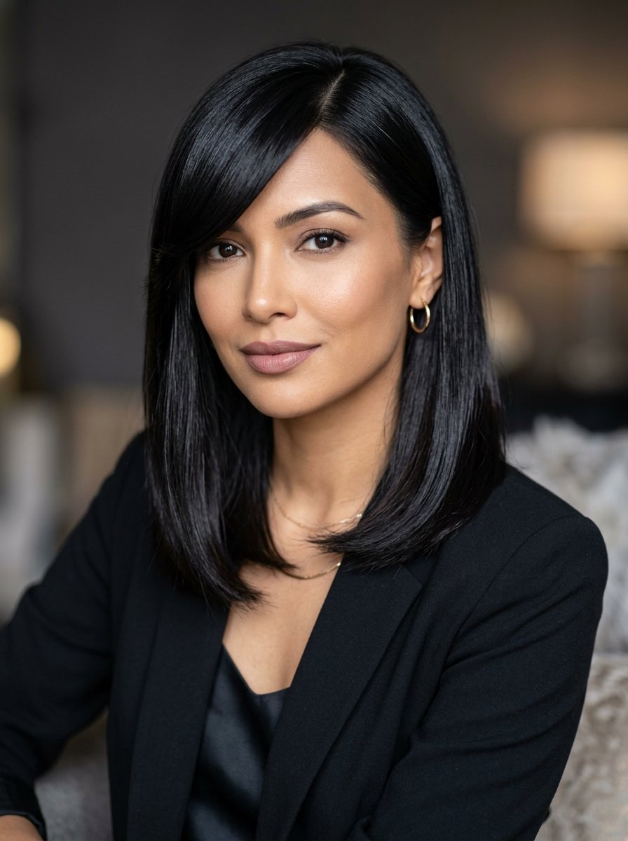 Close-up portrait of a woman with shoulder-length black hair wearing a dark blazer and gold hoop earrings.