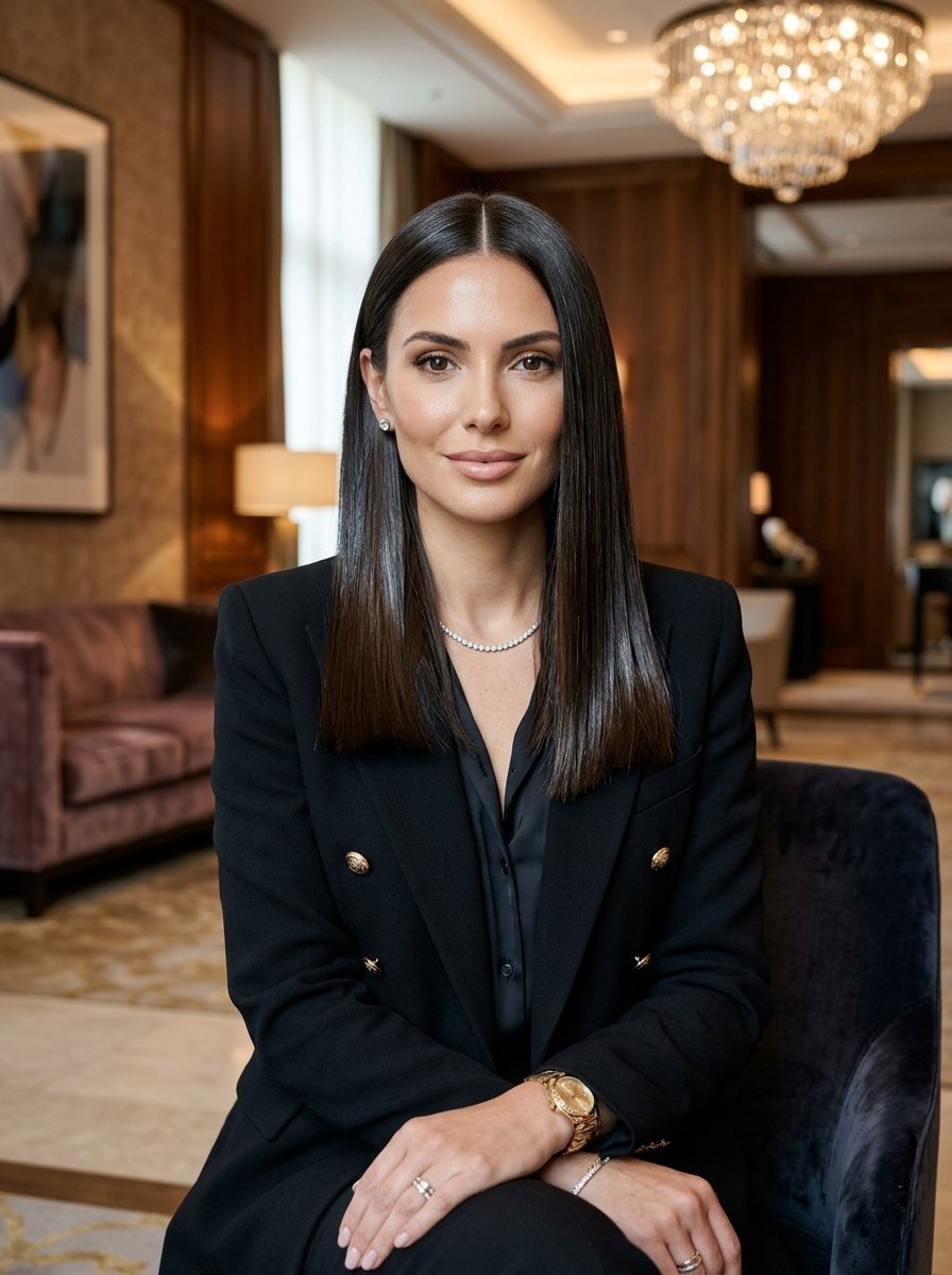 A professional woman with straight dark hair wearing a blazer with gold buttons sitting in a luxury lounge.