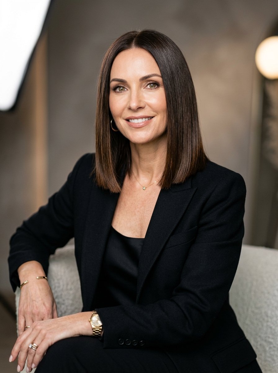 Portrait of a woman with dark hair wearing a black blazer and gold jewelry sitting in a bright chair.