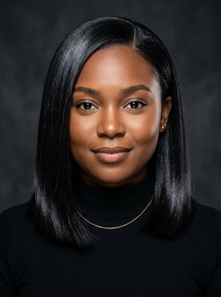 Close-up portrait of a woman with shoulder-length straight black hair wearing a black turtleneck top.