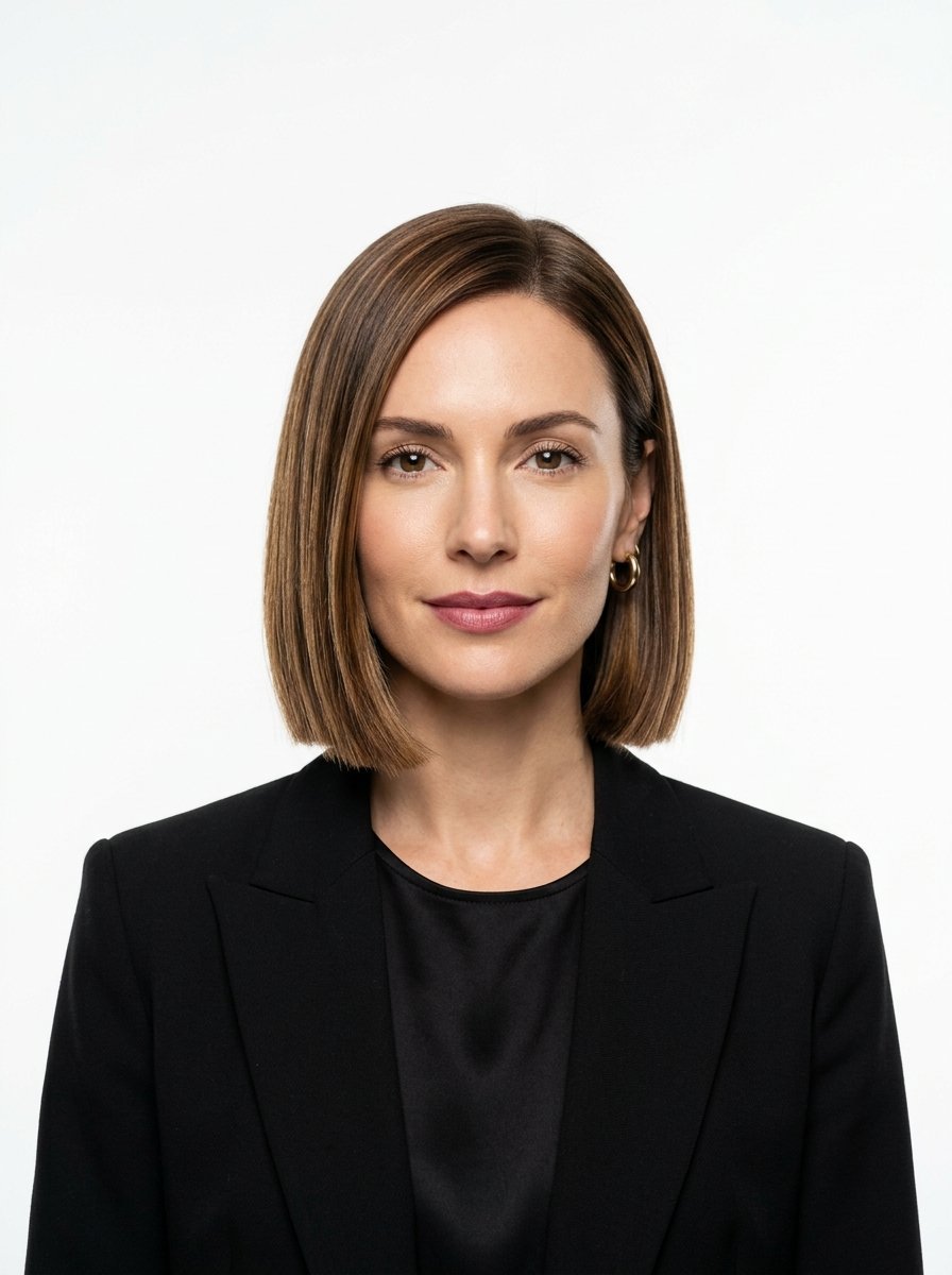 Portrait of a woman with shoulder-length brown hair and gold hoop earrings wearing a dark suit jacket.