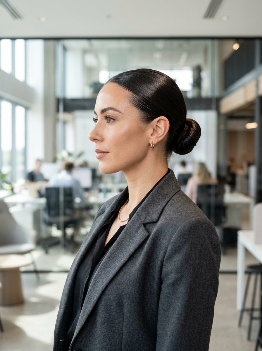 Profile view of a woman with dark hair in a bun wearing a charcoal blazer in an office setting.