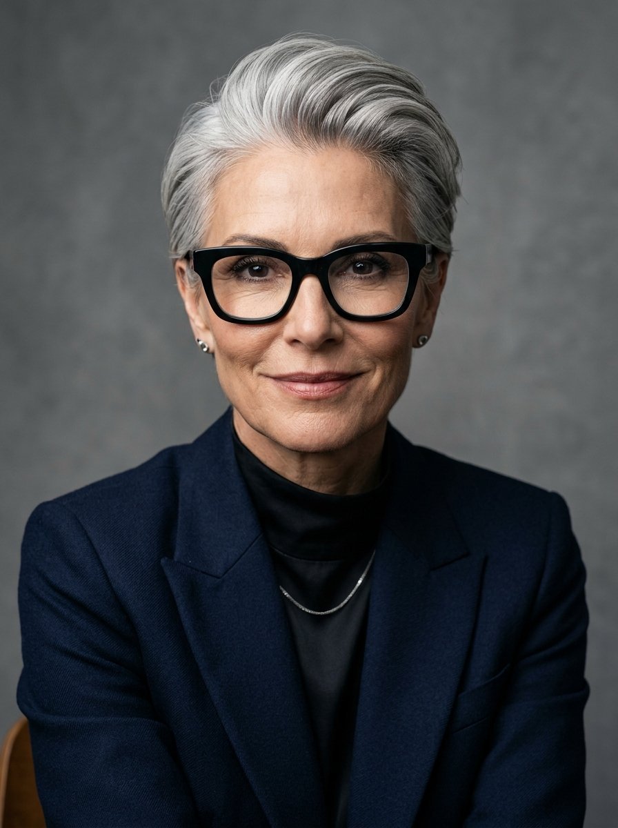 Close-up portrait of a mature woman with styled grey hair, black frame glasses, and a professional navy suit jacket.