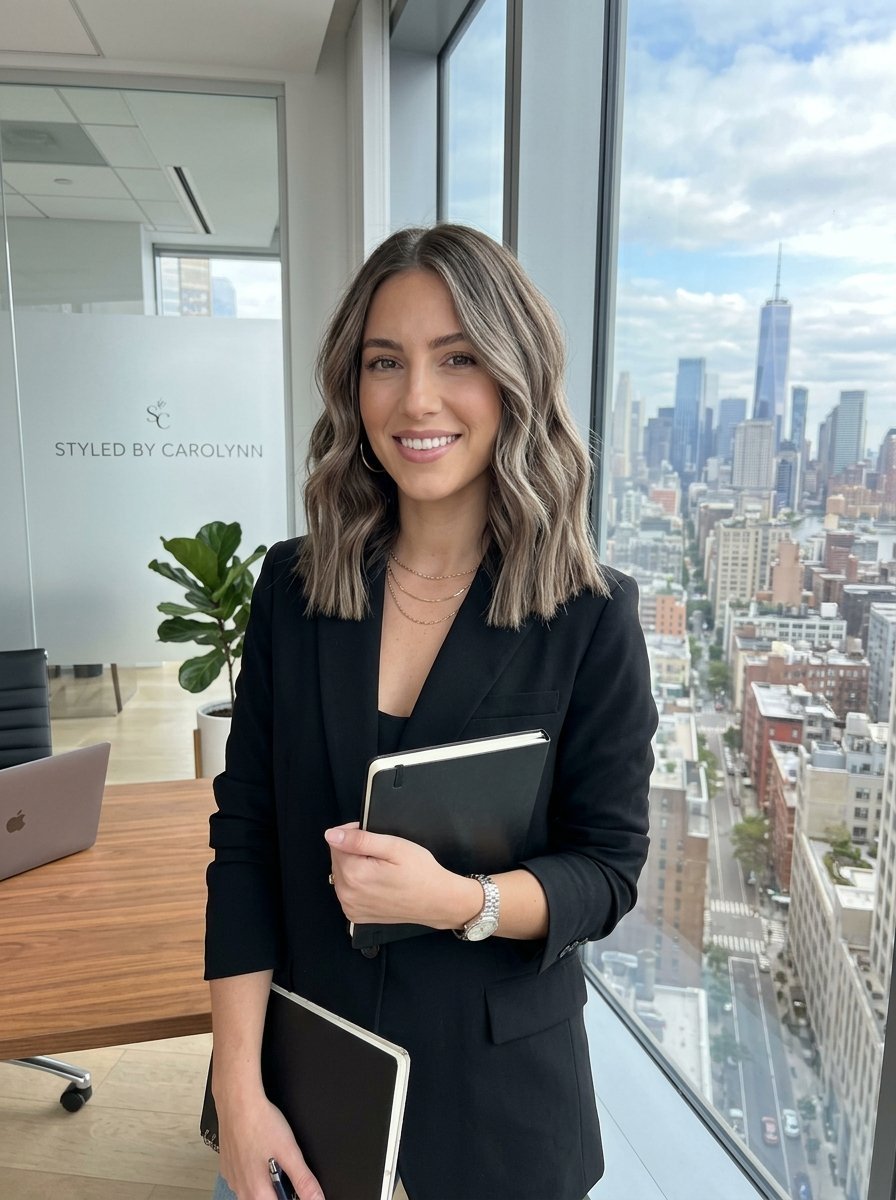 Smiling professional with wavy hair standing in an office window overlooking the New York City skyline.