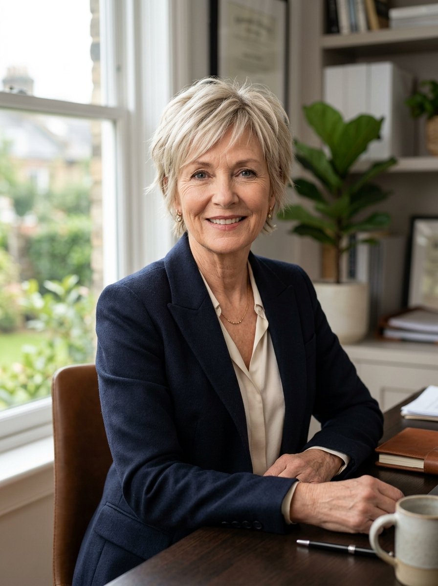 Middle-aged woman with short blonde hair wearing a navy blue blazer sitting at a desk by a window.