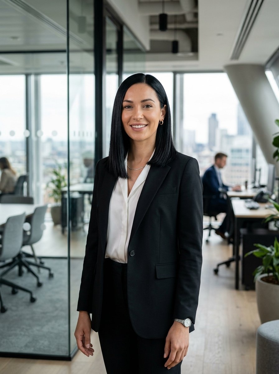Professional woman with dark hair wearing a black blazer and white shirt standing in a high-rise office building.