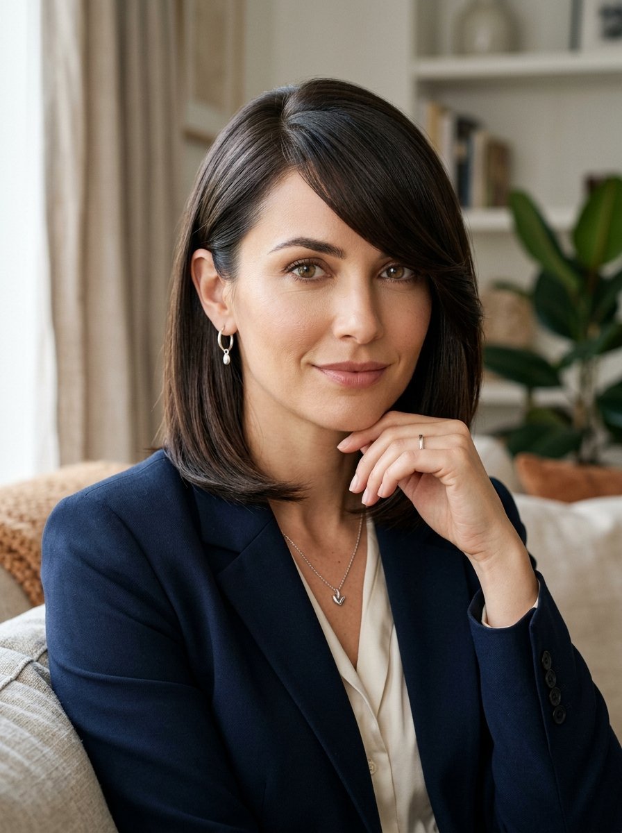 Portrait of a woman with dark hair in a suit jacket resting her chin on her hand in a home office.
