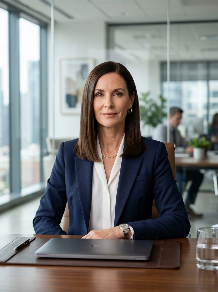 A poised female executive in a navy blue blazer looking directly at the camera at a workspace with a laptop.