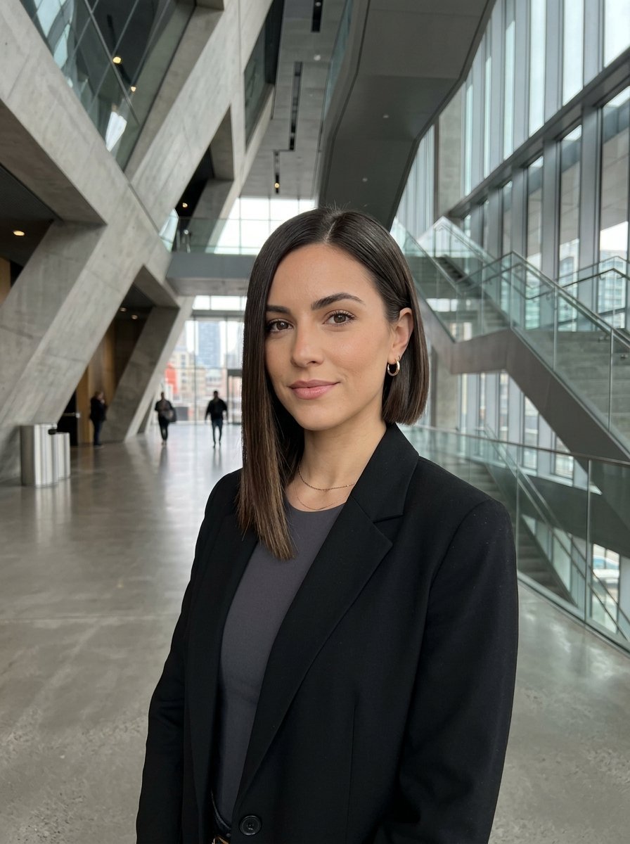 A woman with a dark bob haircut in a black blazer standing in a modern building hallway.