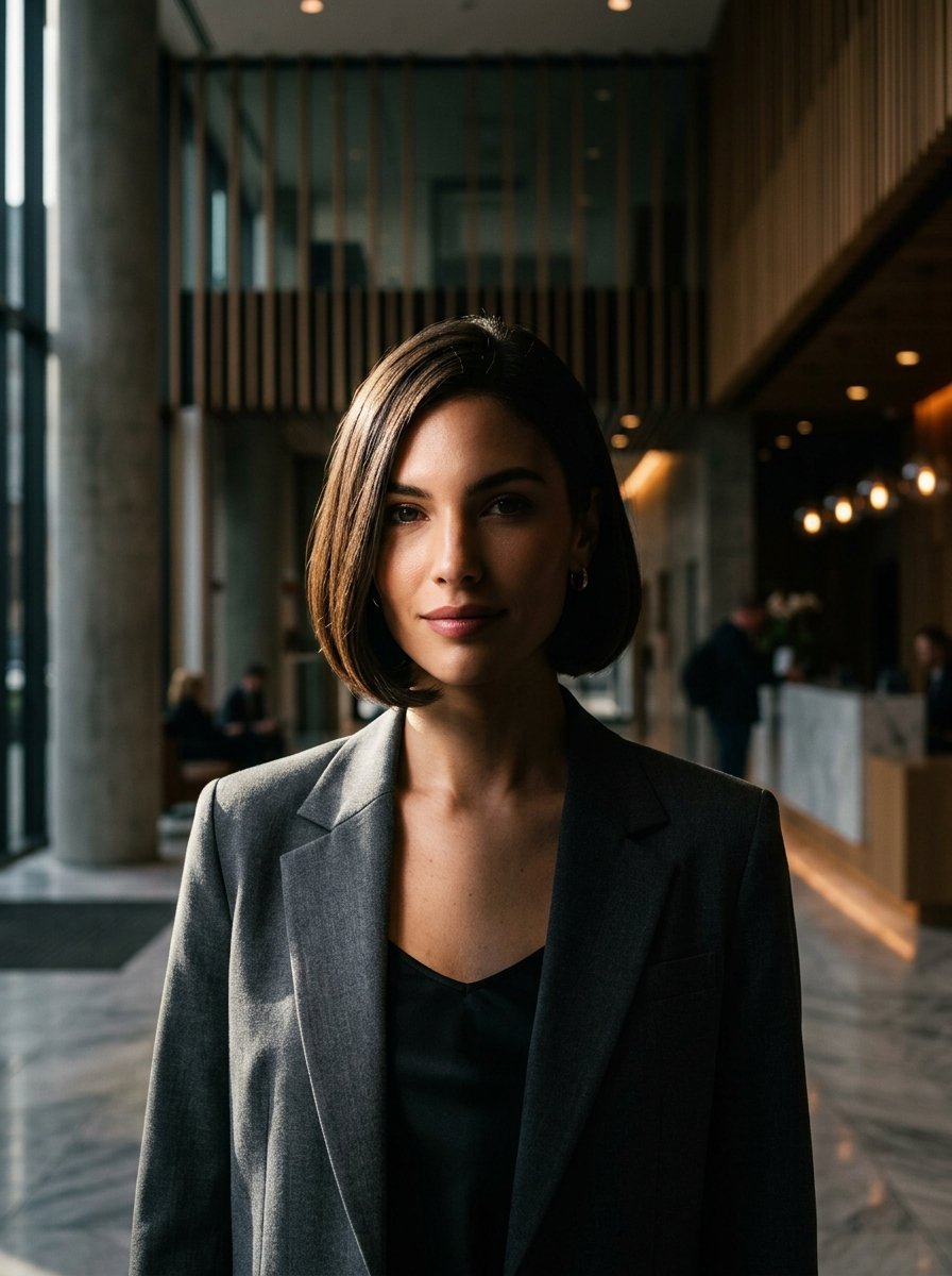 A woman with a dark bob haircut wearing a grey blazer poses inside a sleek corporate office foyer.