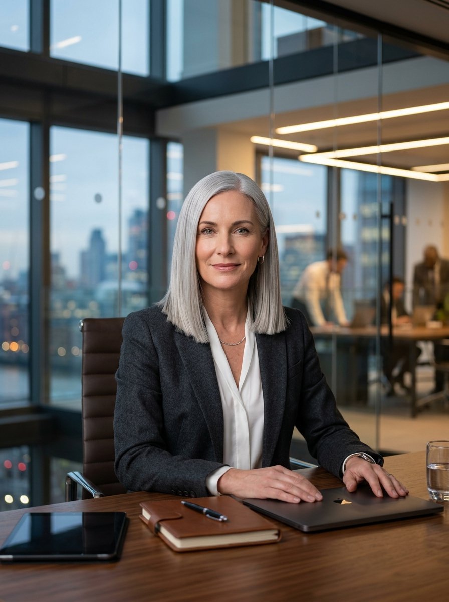 A mature businesswoman with silver hair sits at a desk with a laptop and planner in a glass-walled corporate office.