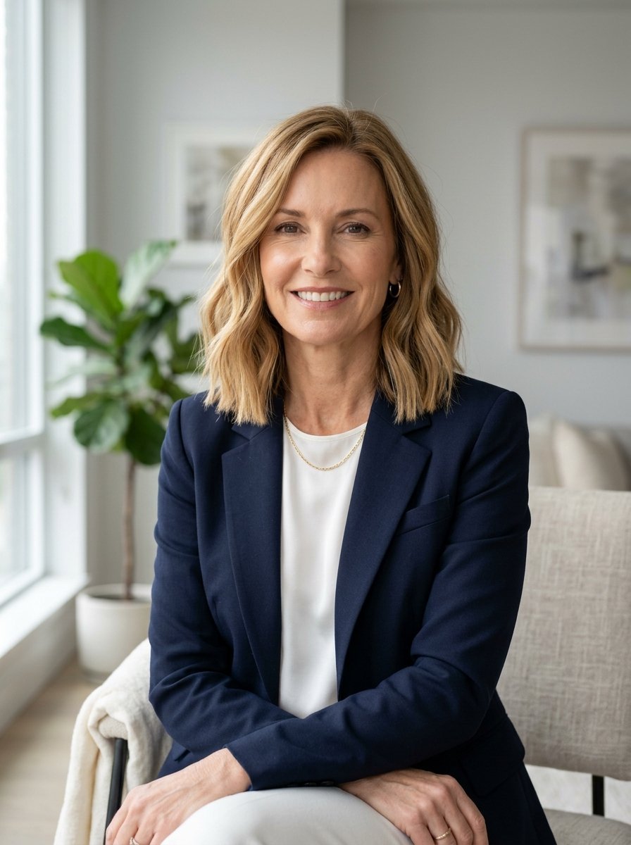 A middle-aged professional woman with blonde hair wearing a dark blue suit jacket, sitting in a bright office.