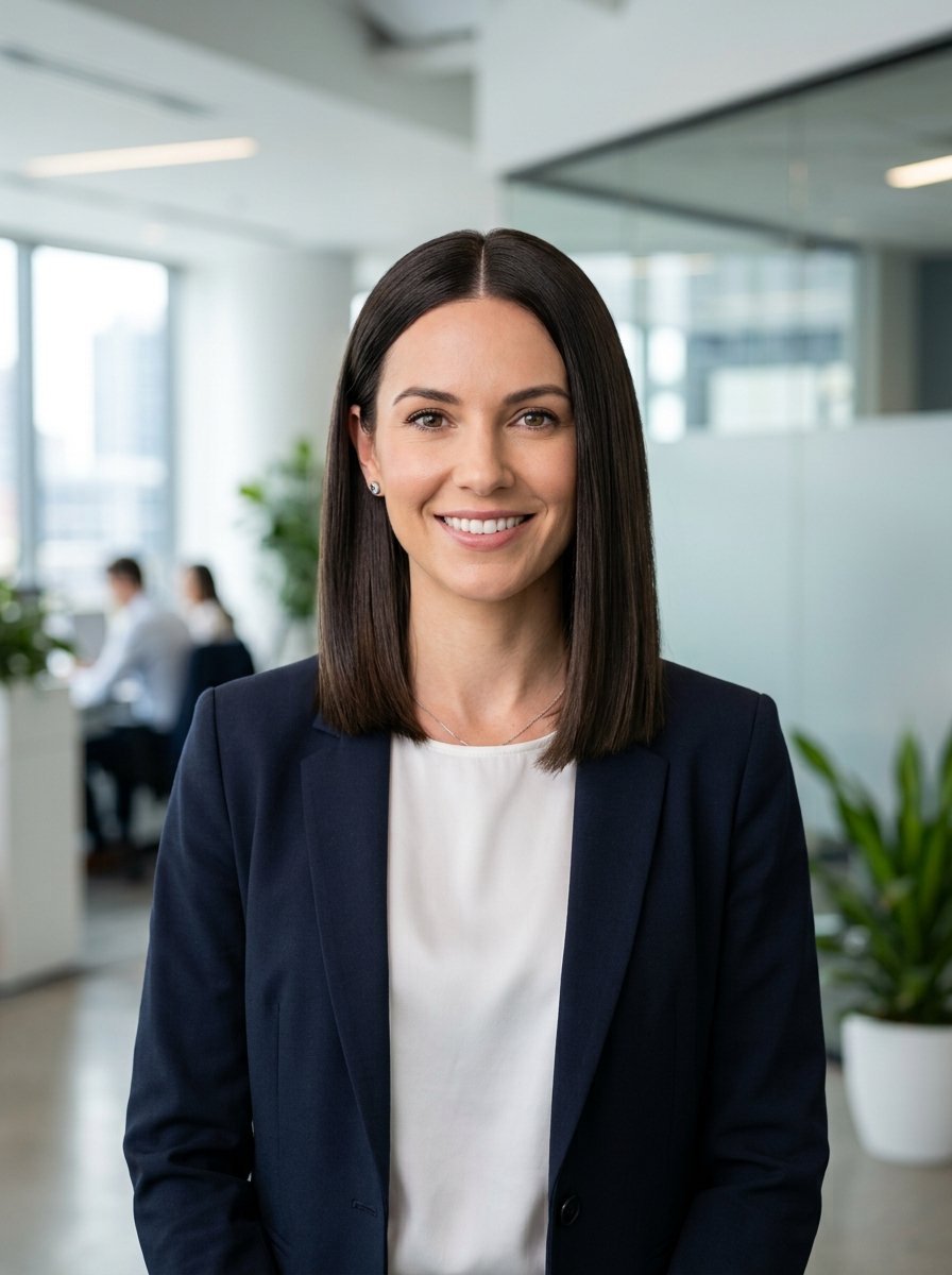 A woman with straight brown hair wearing a white top and dark blue jacket standing in a blurred office.