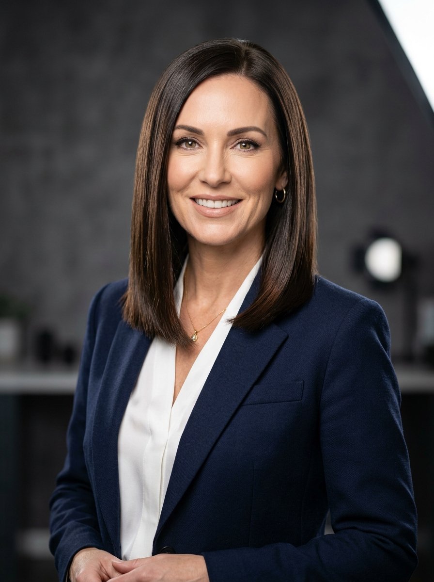 Close-up portrait of a smiling woman in a navy suit jacket and white top against a dark studio background.