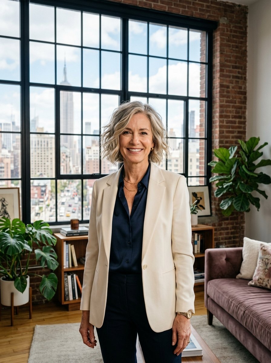 Smiling woman with shoulder length blonde hair wearing a beige blazer in an office overlooking city skyscrapers.