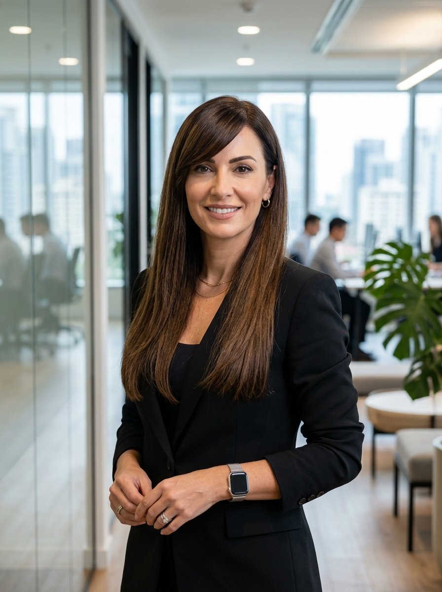 A woman with long brown hair wearing a black blazer standing in a glass-walled office with blurred coworkers.