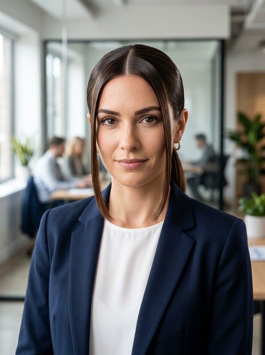 A woman in a navy blazer and white top posing for a portrait in a bright, blurred workplace.