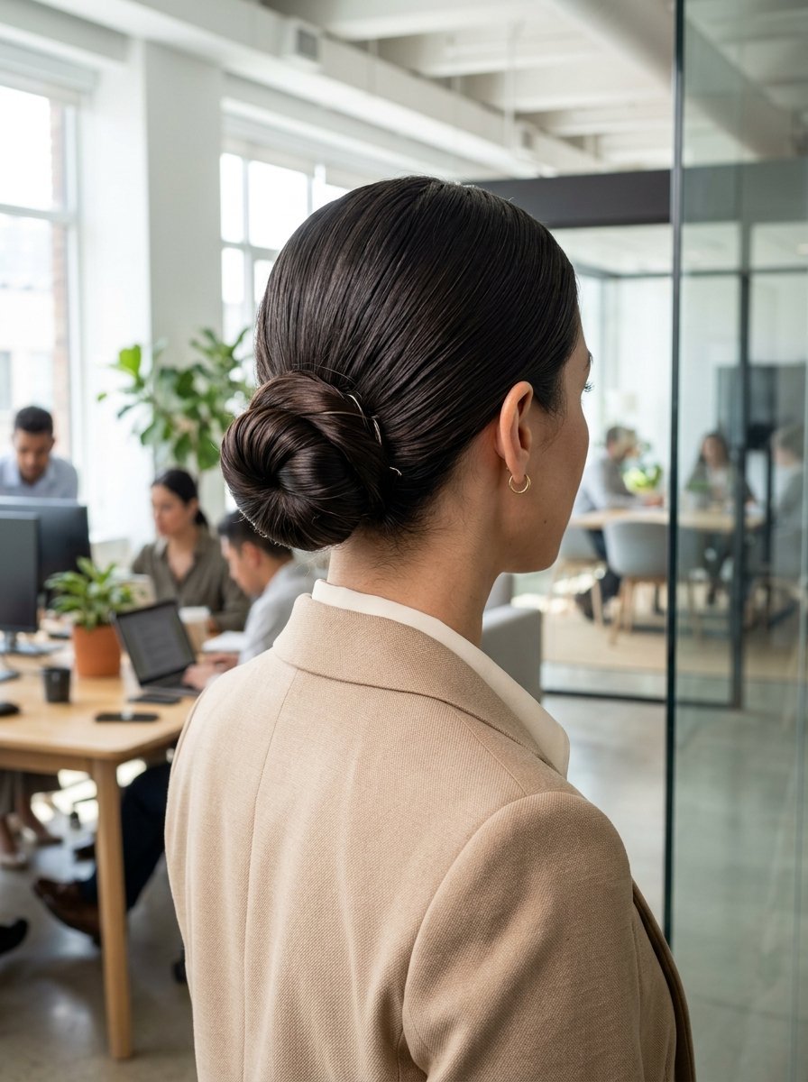 Close up of a woman wearing a tan blazer and a neat hair bun, viewed from behind in a workspace.