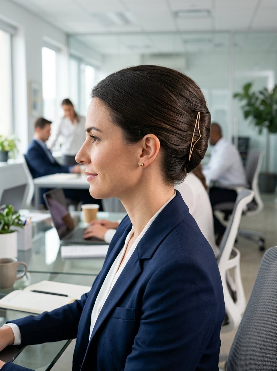Side profile of a woman with dark hair in a bun secured by a metal clip while working at a desk in an office.