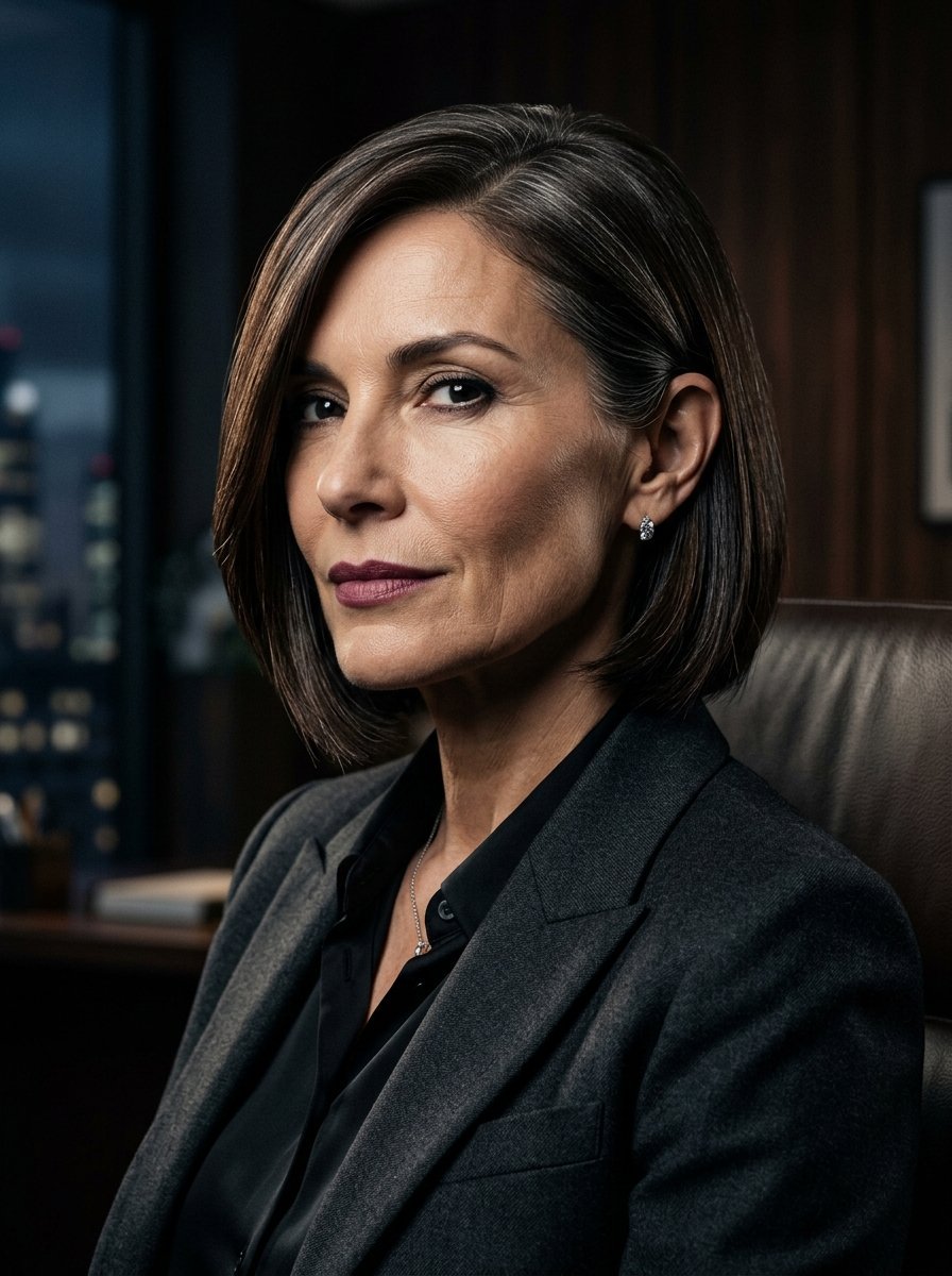 Portrait of a middle-aged woman in a grey blazer looking at the camera in a dimly lit office.