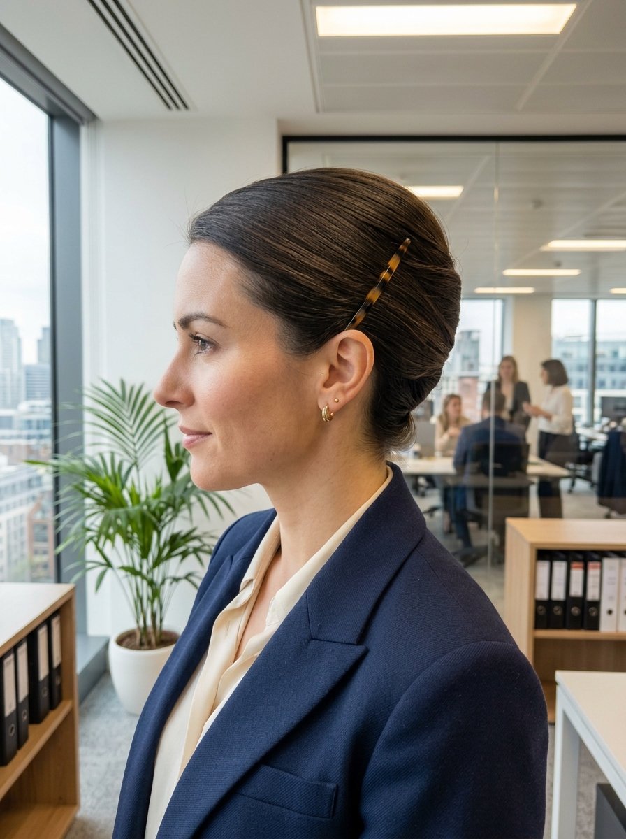Side profile of a brunette woman in a formal suit standing inside a modern corporate office.