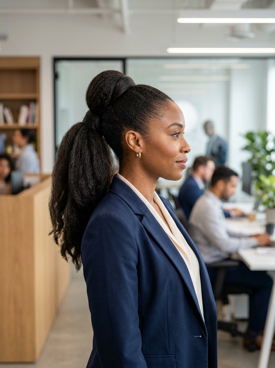 Black woman with hair in a high ponytail wearing a professional suit in a bright corporate office setting.
