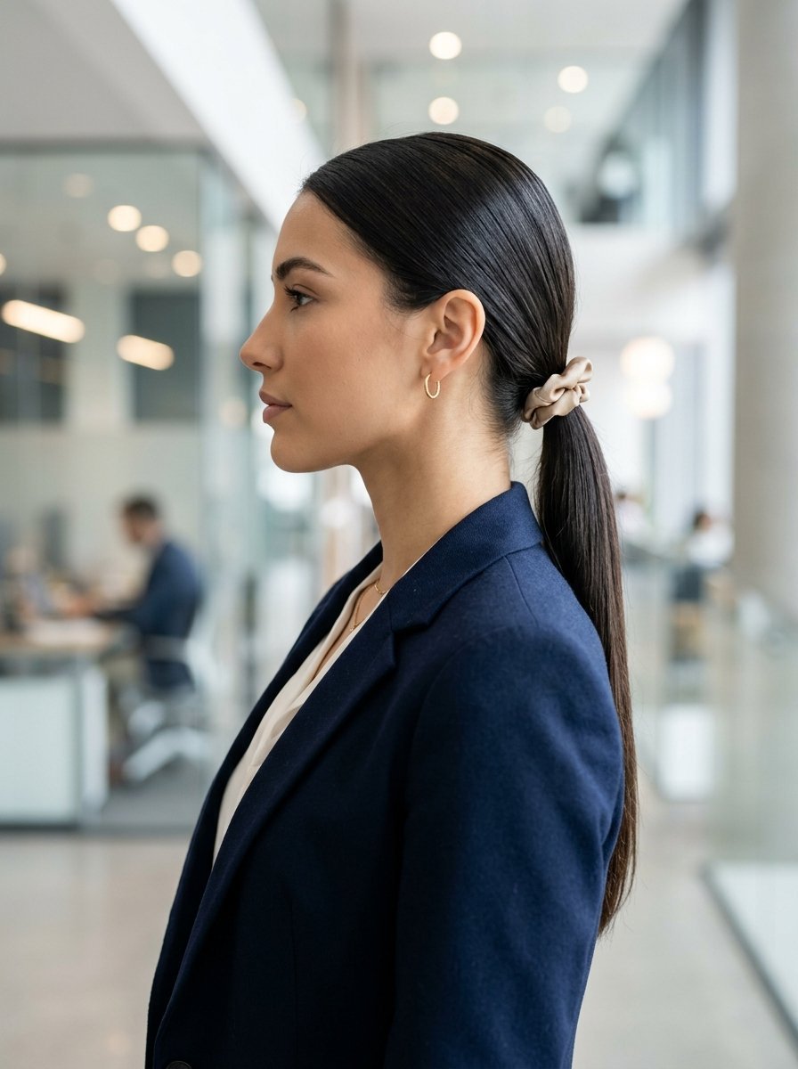 Young woman with dark hair in a ponytail wearing a navy blazer in a modern office.