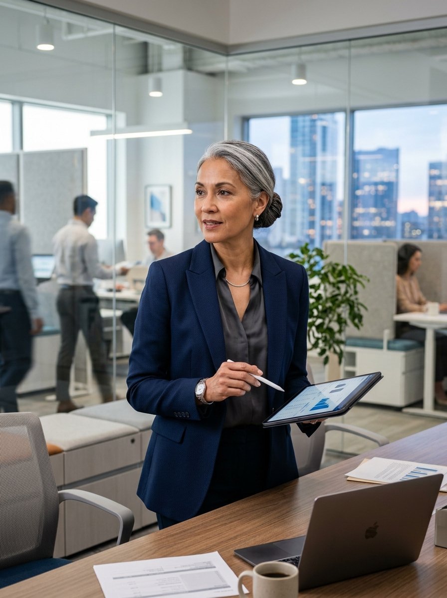 A grey-haired professional woman holding a tablet with data visualizations in a busy, modern corporate office.