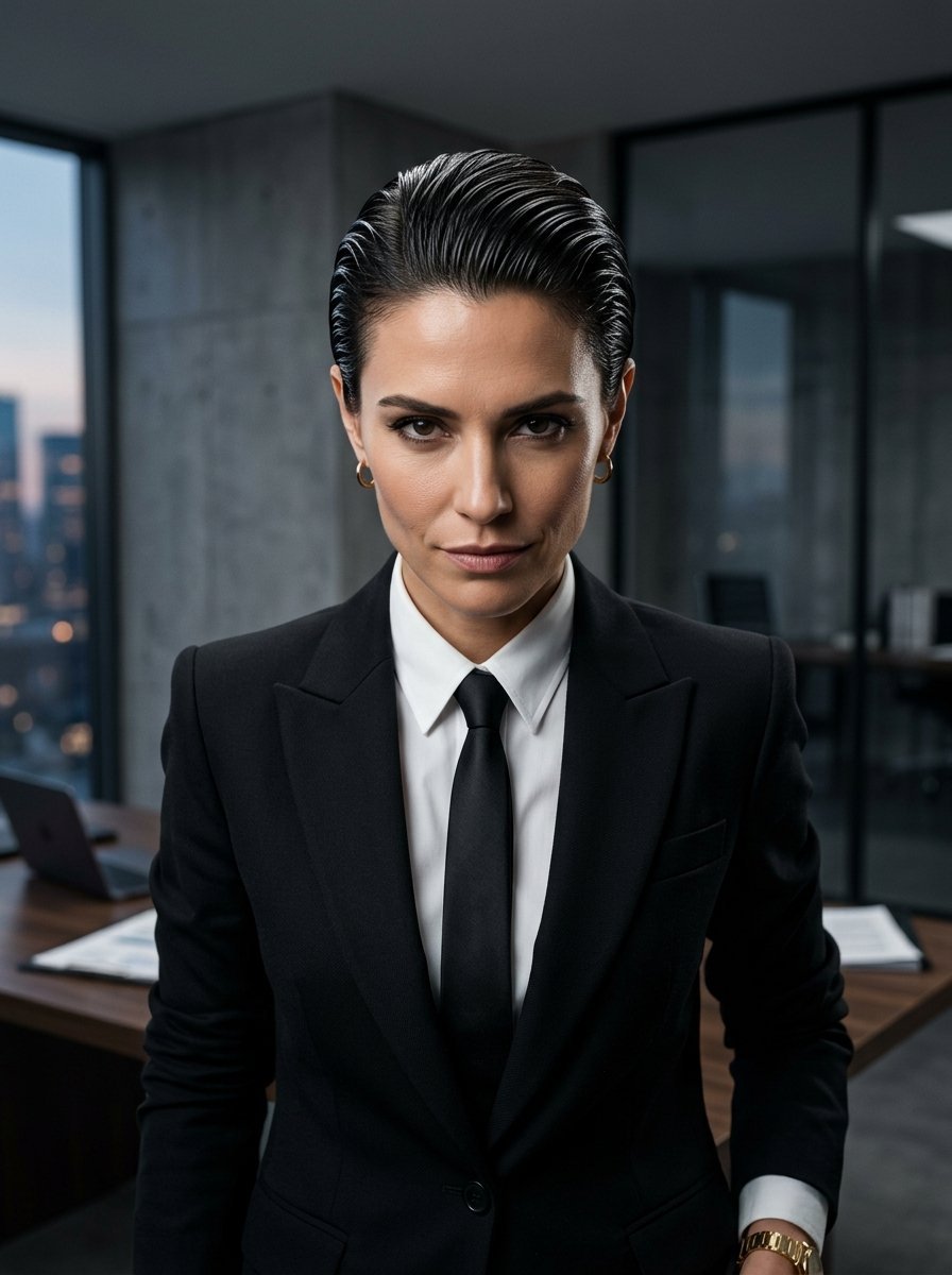 Portrait of a confident woman with short hair wearing a suit and tie in a modern office setting.