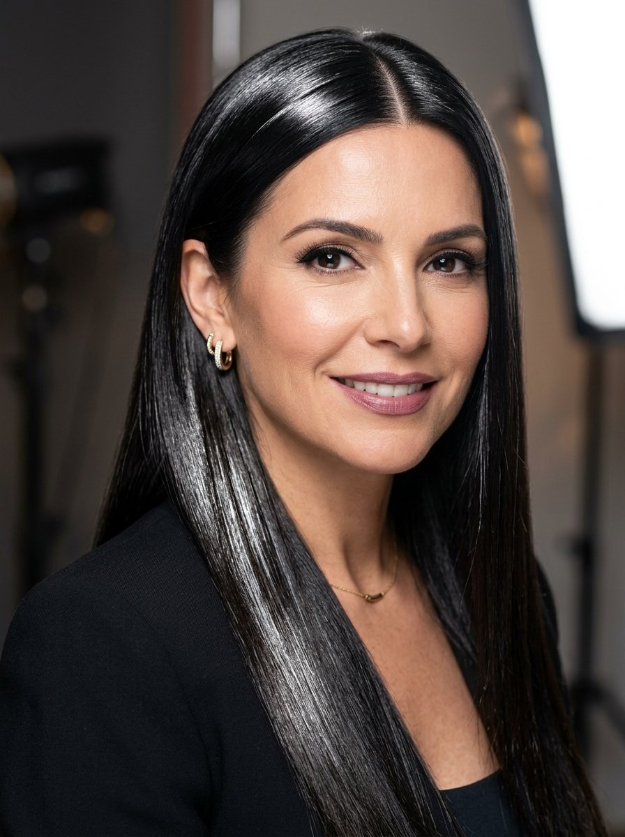 Close up headshot of a smiling woman with straight black hair wearing gold hoop earrings and a black blazer.