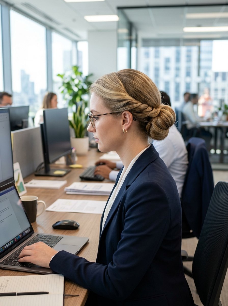 Side profile of a woman with blonde hair in a bun typing on a laptop at a bright office desk.