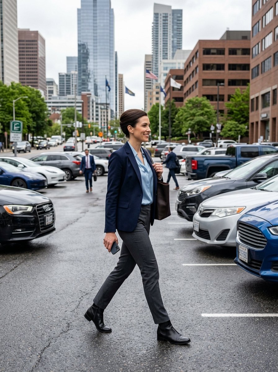 A smiling woman in a blazer walking between parked cars on a city street.