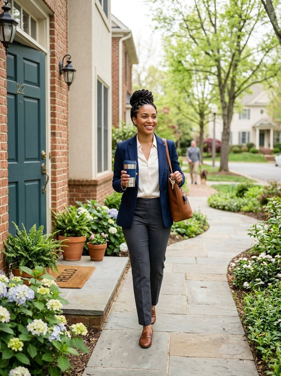 Professional woman with a coffee cup and leather tote walking on a sidewalk outside a house.