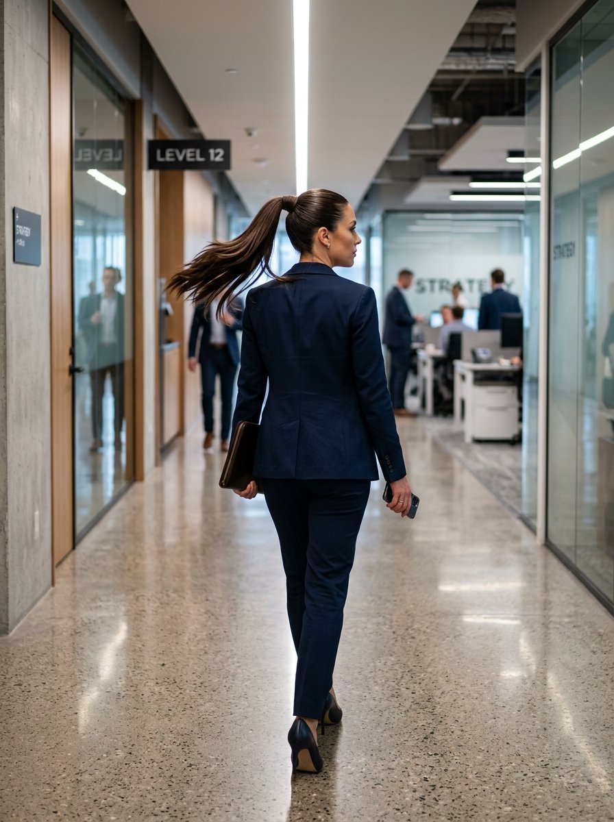 A woman with a ponytail in a navy pantsuit walking down a glass-walled hallway in a contemporary workplace.