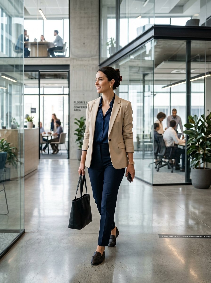 A woman in professional attire holding a handbag walks down a bright, contemporary corporate corridor.