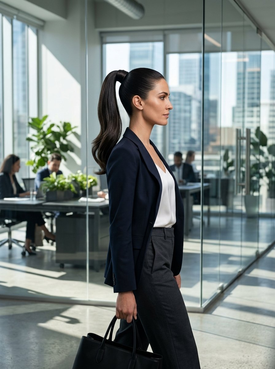 A woman with a dark ponytail in a blazer and trousers walking through a glass-walled office.