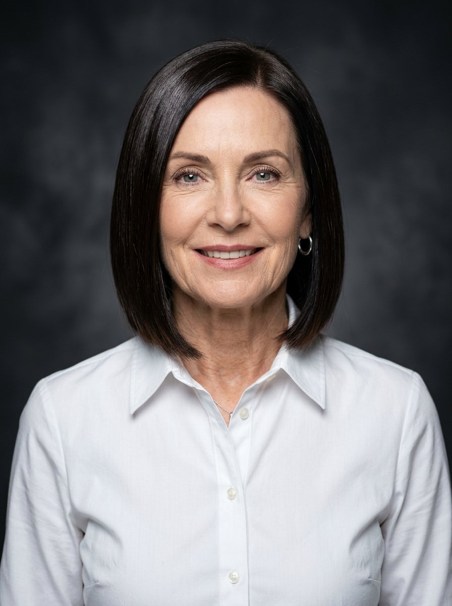 A friendly mature woman with a dark bob haircut and white button-down shirt smiling at the camera.