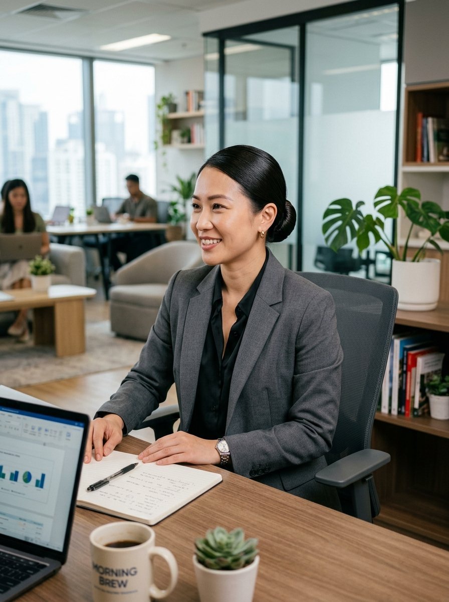 A smiling Asian woman in a grey blazer writing in a notebook at her office desk with a laptop and coffee nearby.
