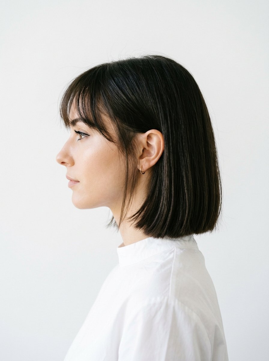 Side profile of a woman with dark hair, blunt bangs, and a bob cut wearing a white top against a plain wall.