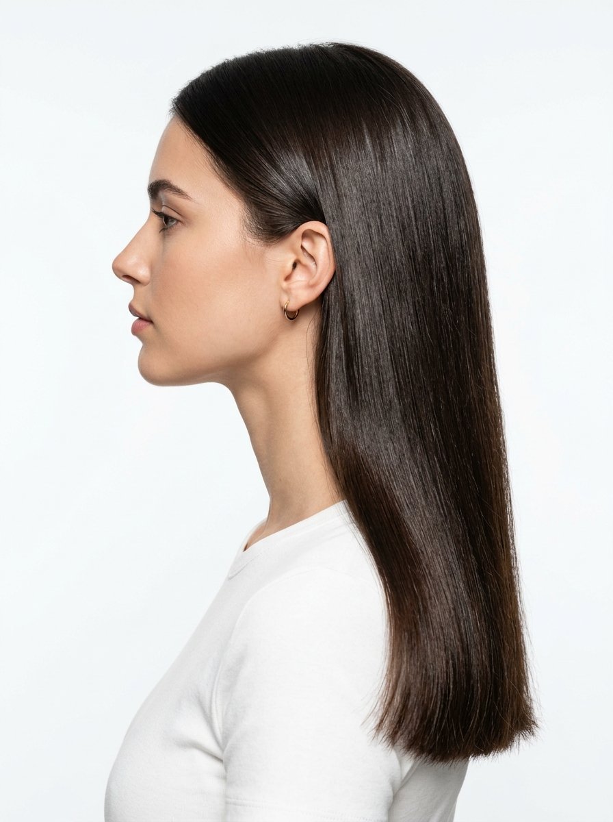 Side profile of a woman with healthy sleek dark brown hair wearing a simple white t-shirt against white backdrop.