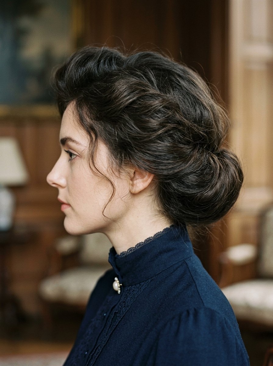 Side profile of a woman wearing a vintage high-neck dark blue dress and hair styled in a textured low bun.
