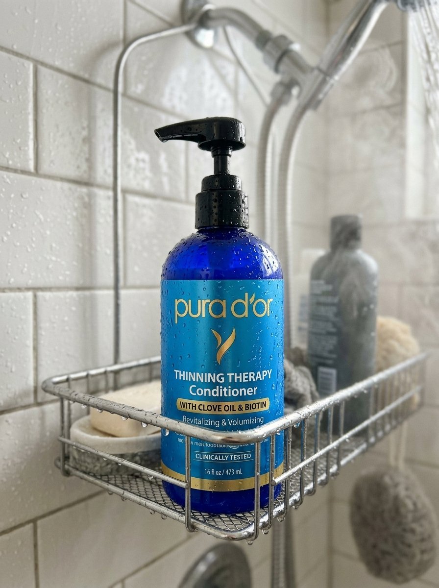 Wet blue Pura D'or conditioner bottle resting on a metal wire shower rack.