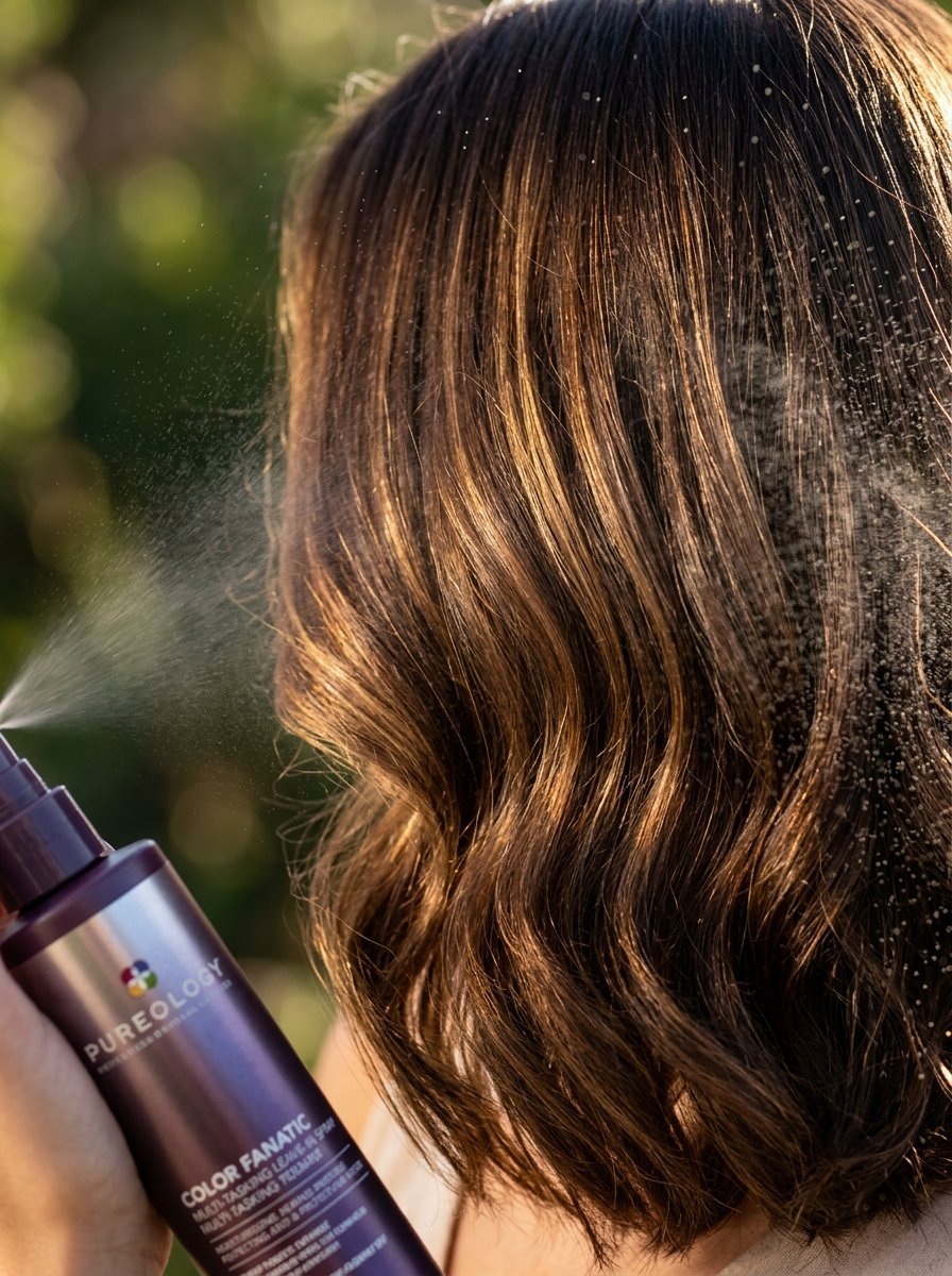 Close-up of a hand misting brunette hair with a purple bottle of Pureology hair treatment spray.