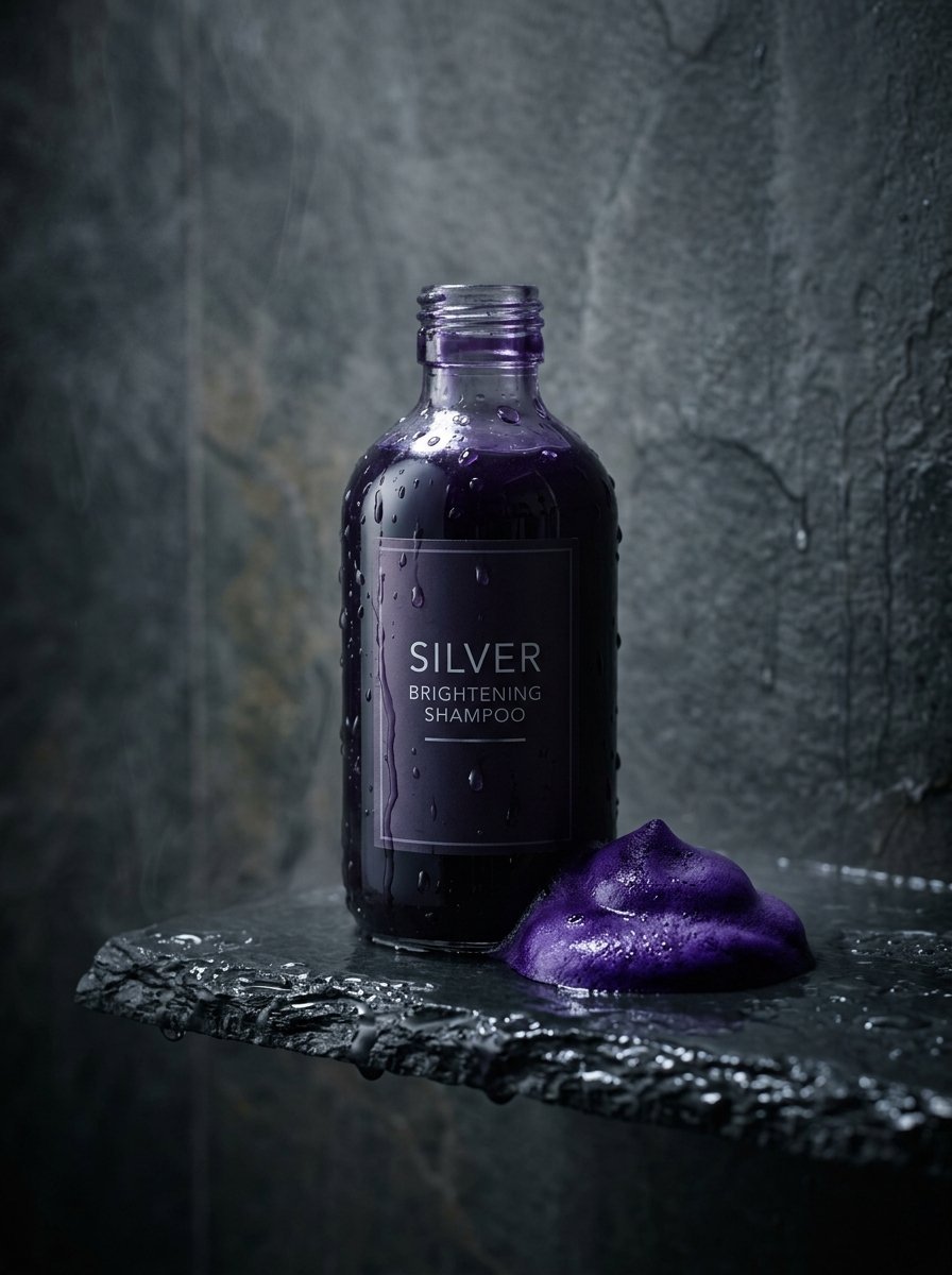 Purple shampoo bottle and a dollop of foam resting on a dark slate ledge.