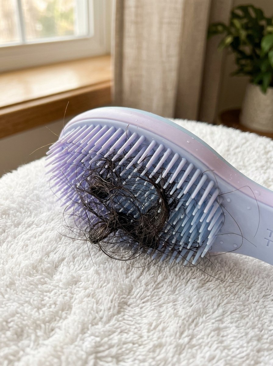 Close up of a pastel purple brush resting on a white towel with shed hair tangled in the bristles.
