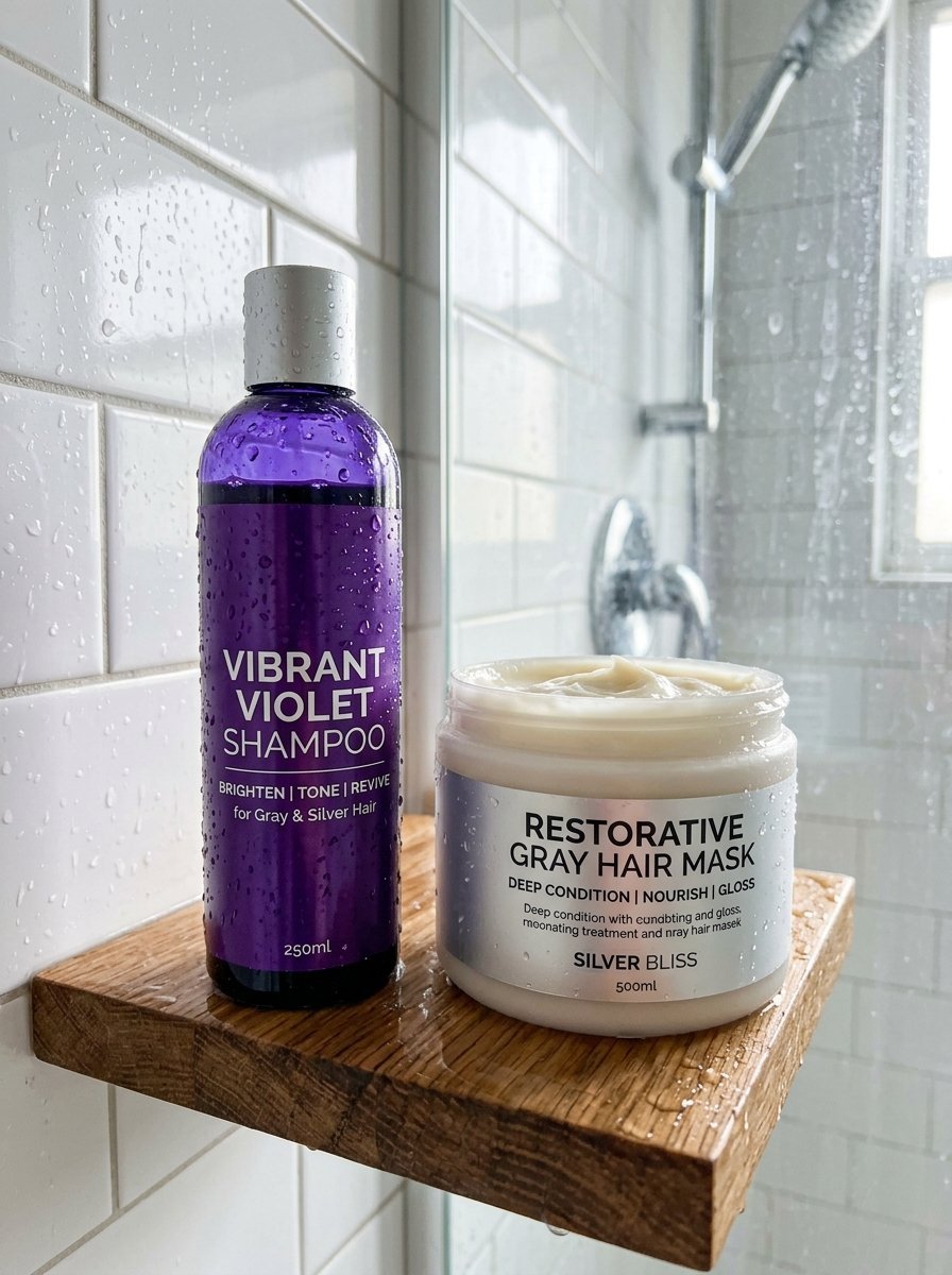 A purple shampoo bottle and a white jar of hair mask sitting on a wood shelf in a tiled shower.