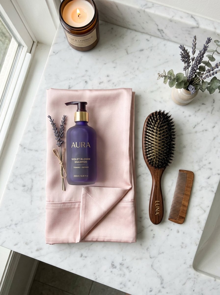 Aura purple shampoo bottle on folded pink silk with a wooden hair brush and lavender stems on marble.