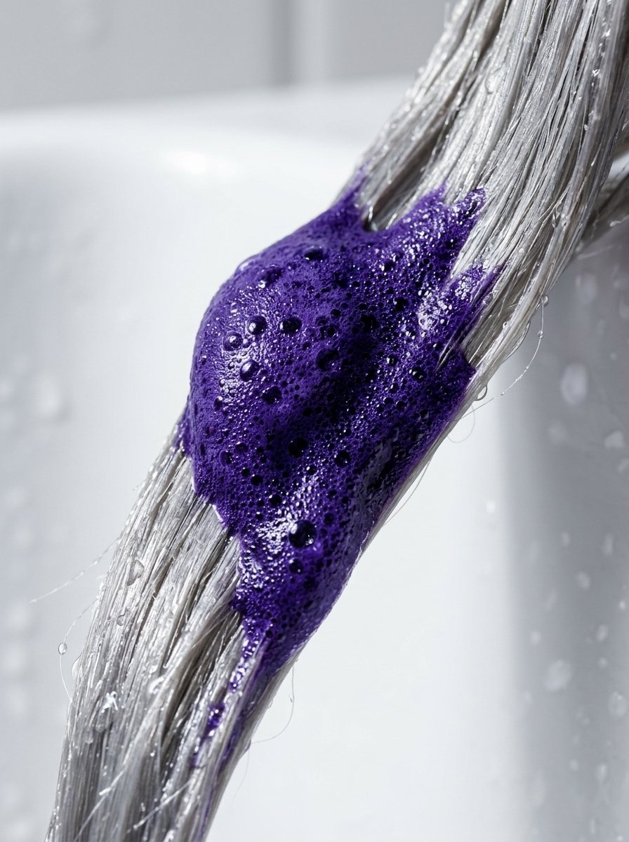 Close-up of violet shampoo mousse soaking into a wet section of lightened hair.