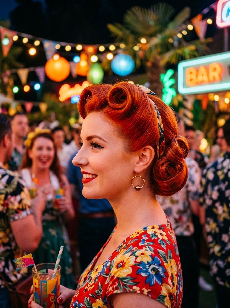 Profile view of a red-haired woman in a floral dress holding a tropical drink at a festive outdoor bar.